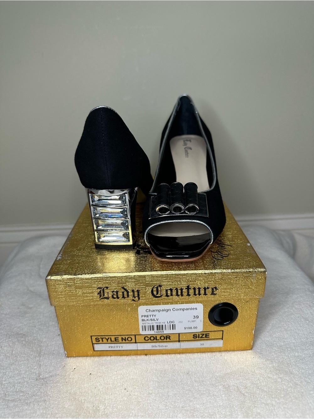 Lady Couture Pretty Crystal Block Heel Pumps Black Silver Peep Toe Size 39 / 8.5